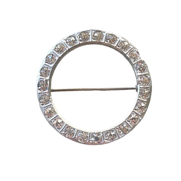 Vintage Crystal Rhinestone Circle Brooch Pin Pot Metal - Picture 2 of 5